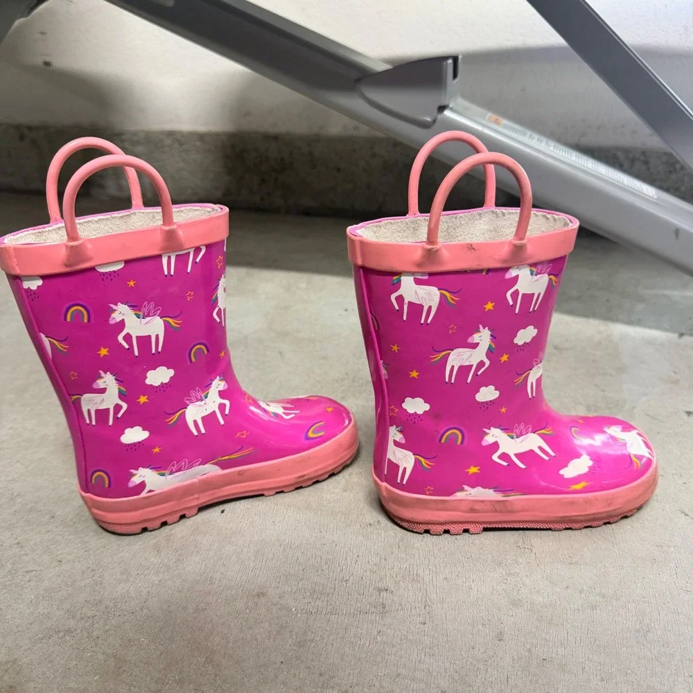 Rain Boots Pink Unicorn Rainbow Pull On Toddler Kids Size 8